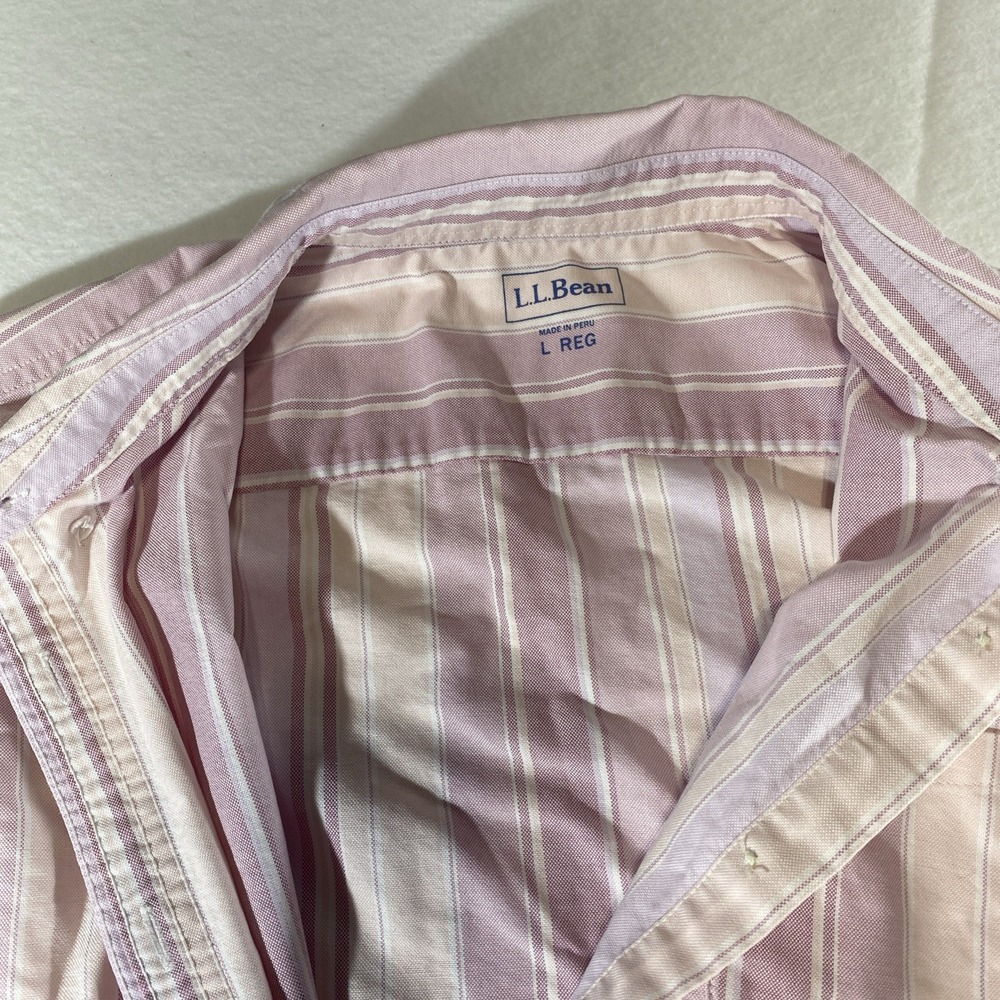 LL Bean Mens Long Sleeve Shirt Size L Regular Pink Striped Casual Cotton - Picture 8 of 14